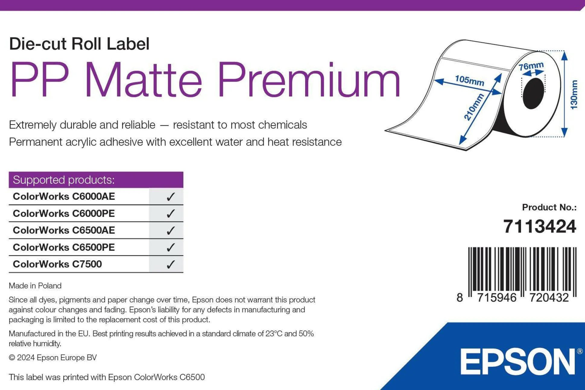 PP Matte Label Premium, Die-cut Roll, 105mm x 210mm, 259 Labels