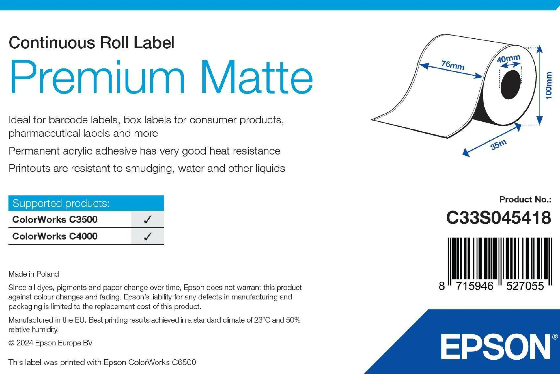 Premium Matte Label - Continuous Roll: 76mm x 35m