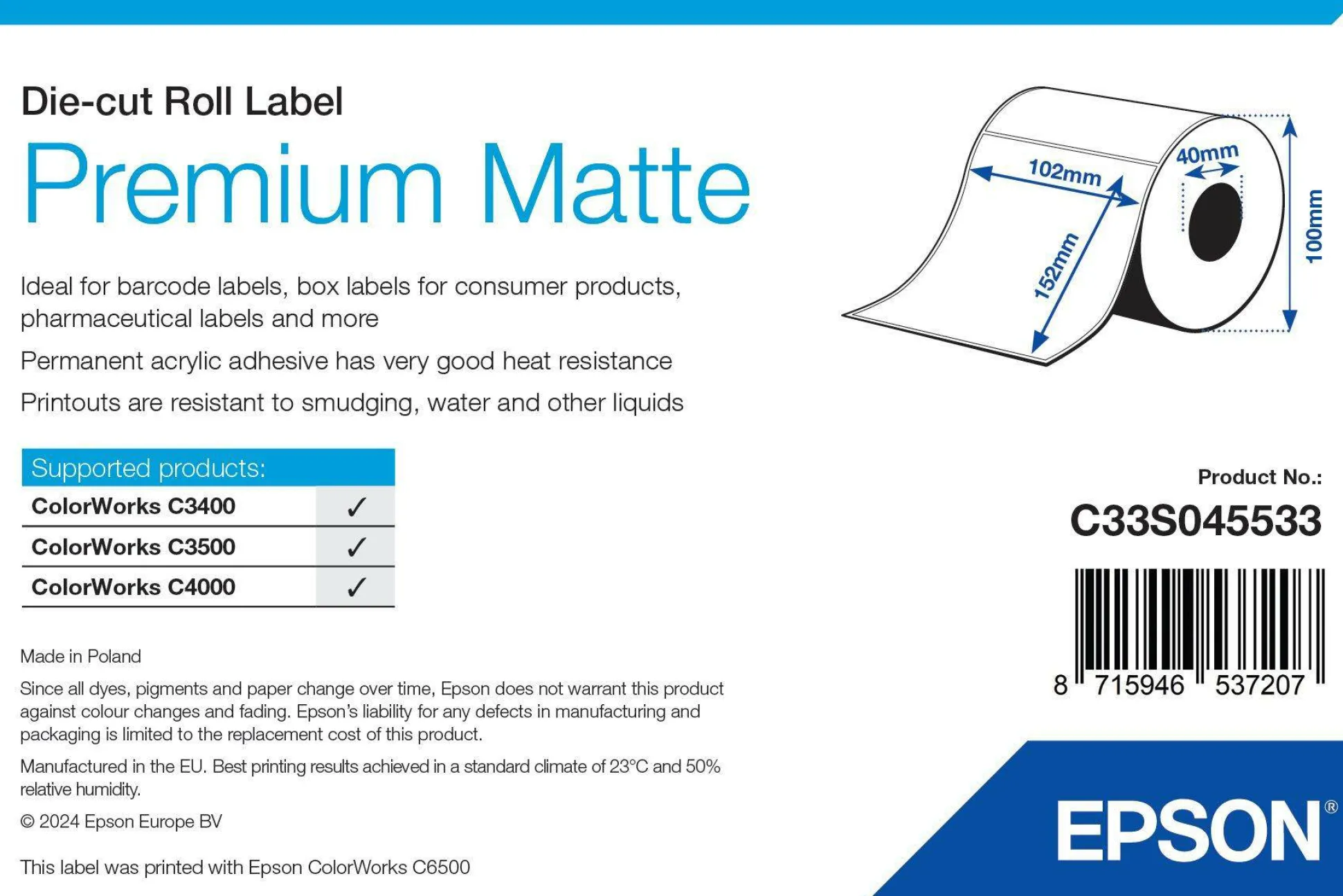 Premium Matte Label - Die-cut Roll: 102mm x 152mm, 225 labels