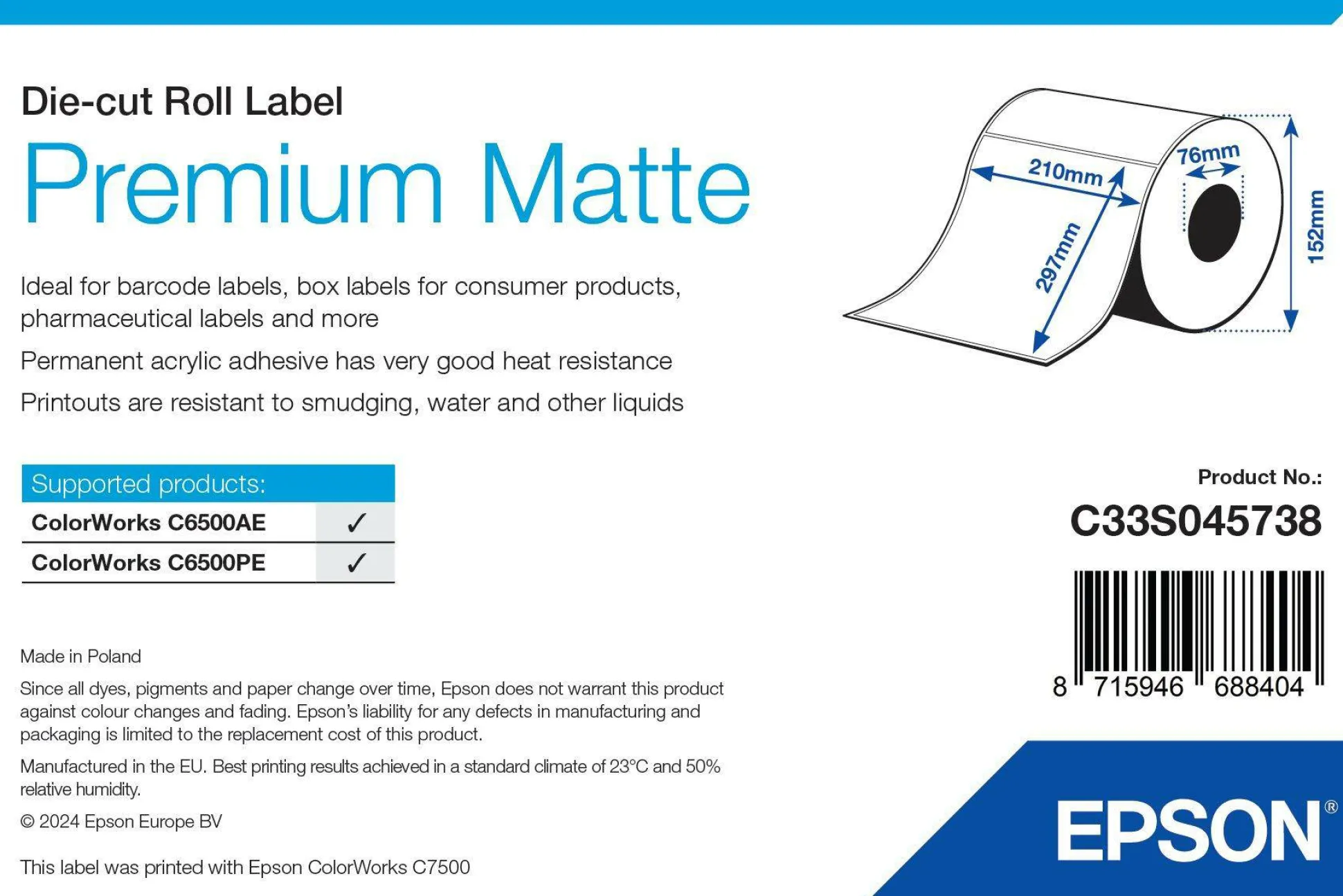 Premium Matte Label - Die Cut Roll: 210mm x 297mm, 200 labels