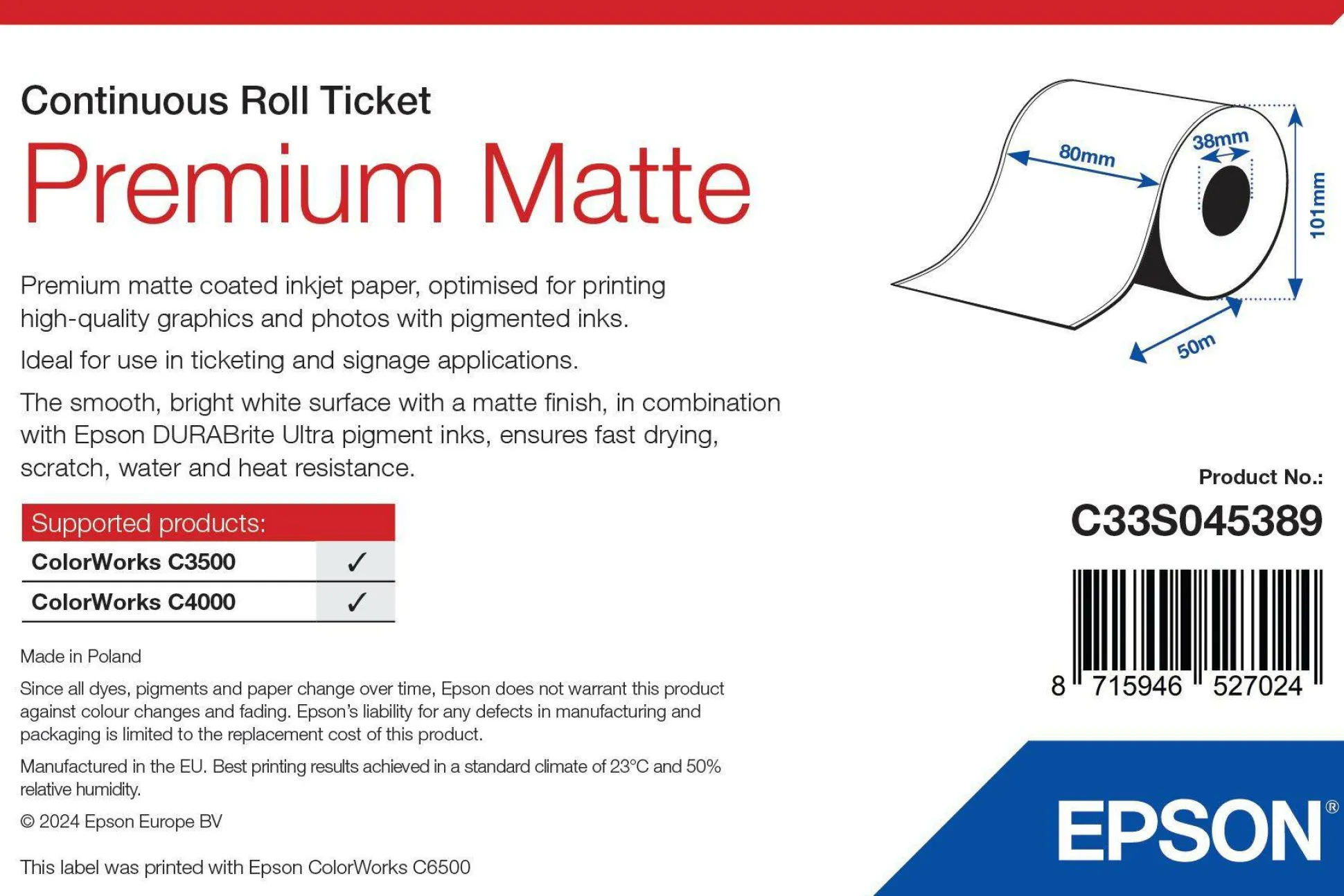 Premium Matte Ticket - Roll: 80mm x 50m