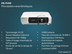 Projecteur à lampe Full HD EB-FH08, 2 ports HDMI, 3 600 lumens, grande taille d’image jusqu’à 337 pouces (8,56 m)