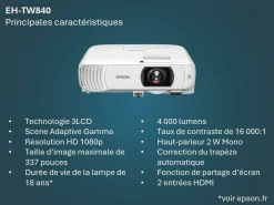 Projecteur à lampe Full HD EH-TW840, 2 ports HDMI, 4 000 lumens, grande taille d’image jusqu’à 337 pouces (8,56 m)
