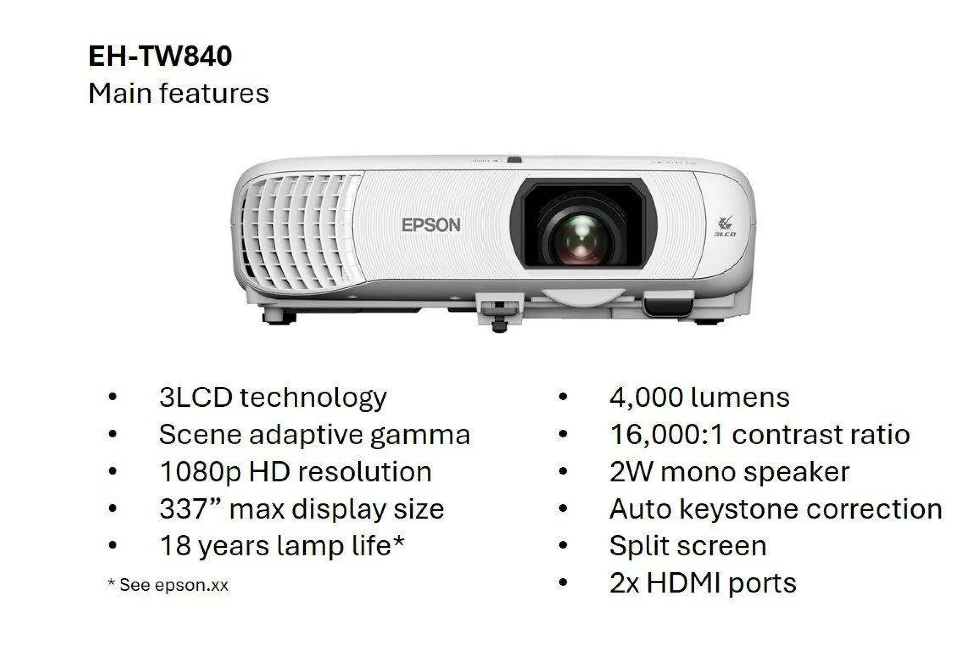 Projecteur à lampe Full HD EH-TW840, 2 ports HDMI, 4 000 lumens, grande taille d’image jusqu’à 337 pouces (8,56 m)