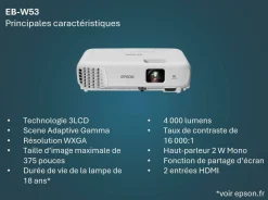 Projecteur à lampe WXGA EB-W53, 2 ports HDMI, 4 000 lumens, grande taille d’image jusqu’à 375 pouces (9,52 m)