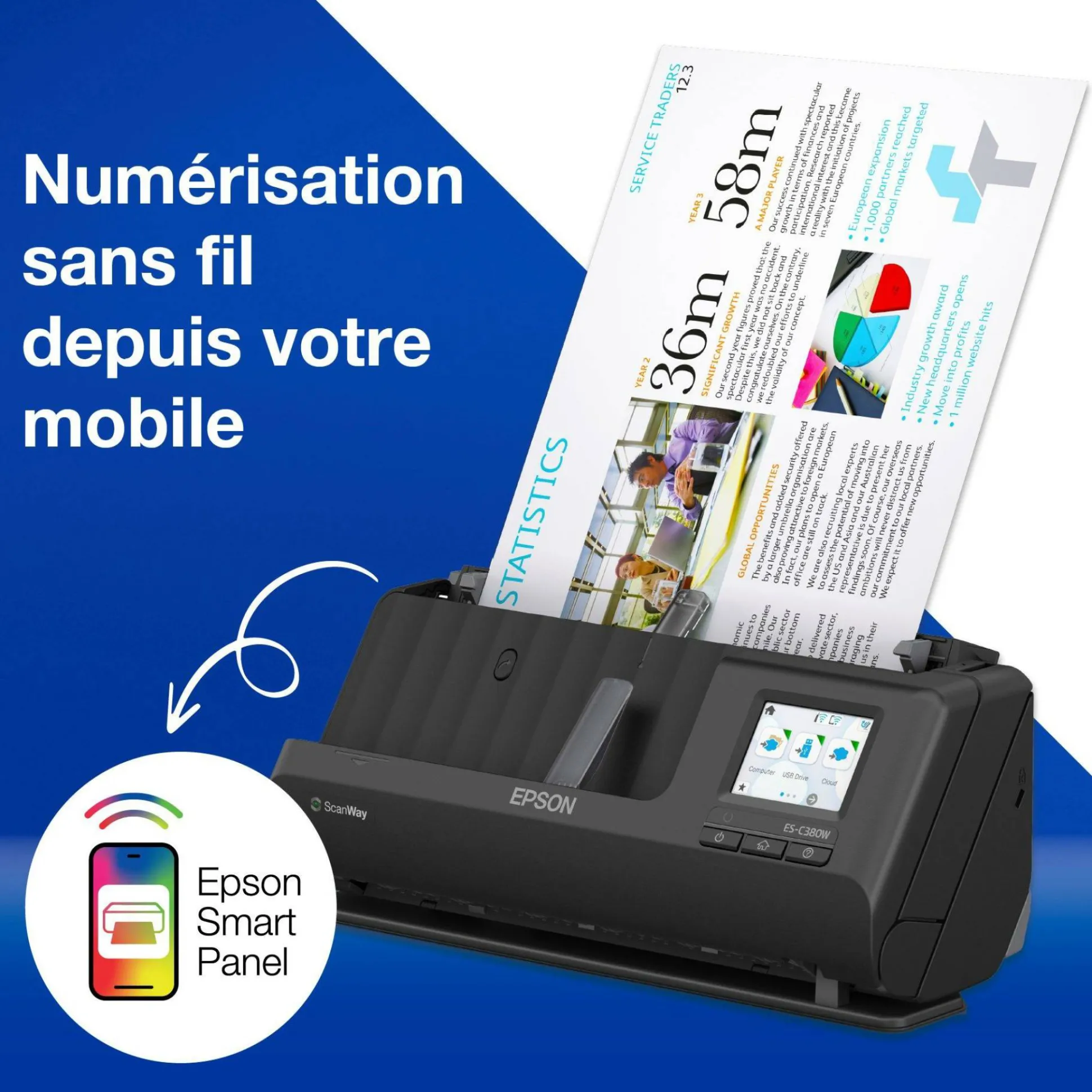 Scanner de documents A4 compact ES-C380W avec connexion Wi-Fi et chemin de numérisation en « U »