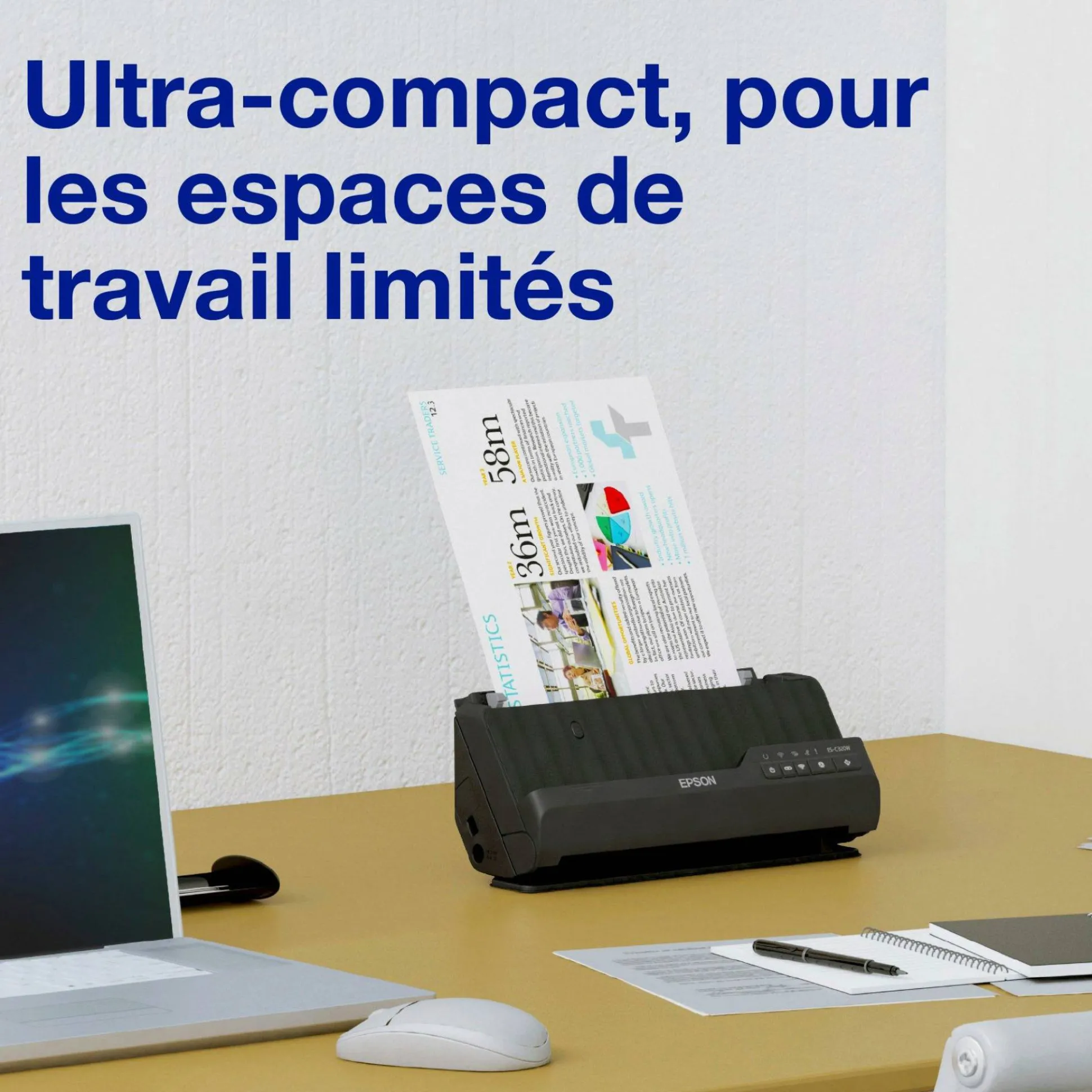 Scanner de documents A4 compact ES-C320W avec connexion Wi-Fi et chemin de numérisation en « U »