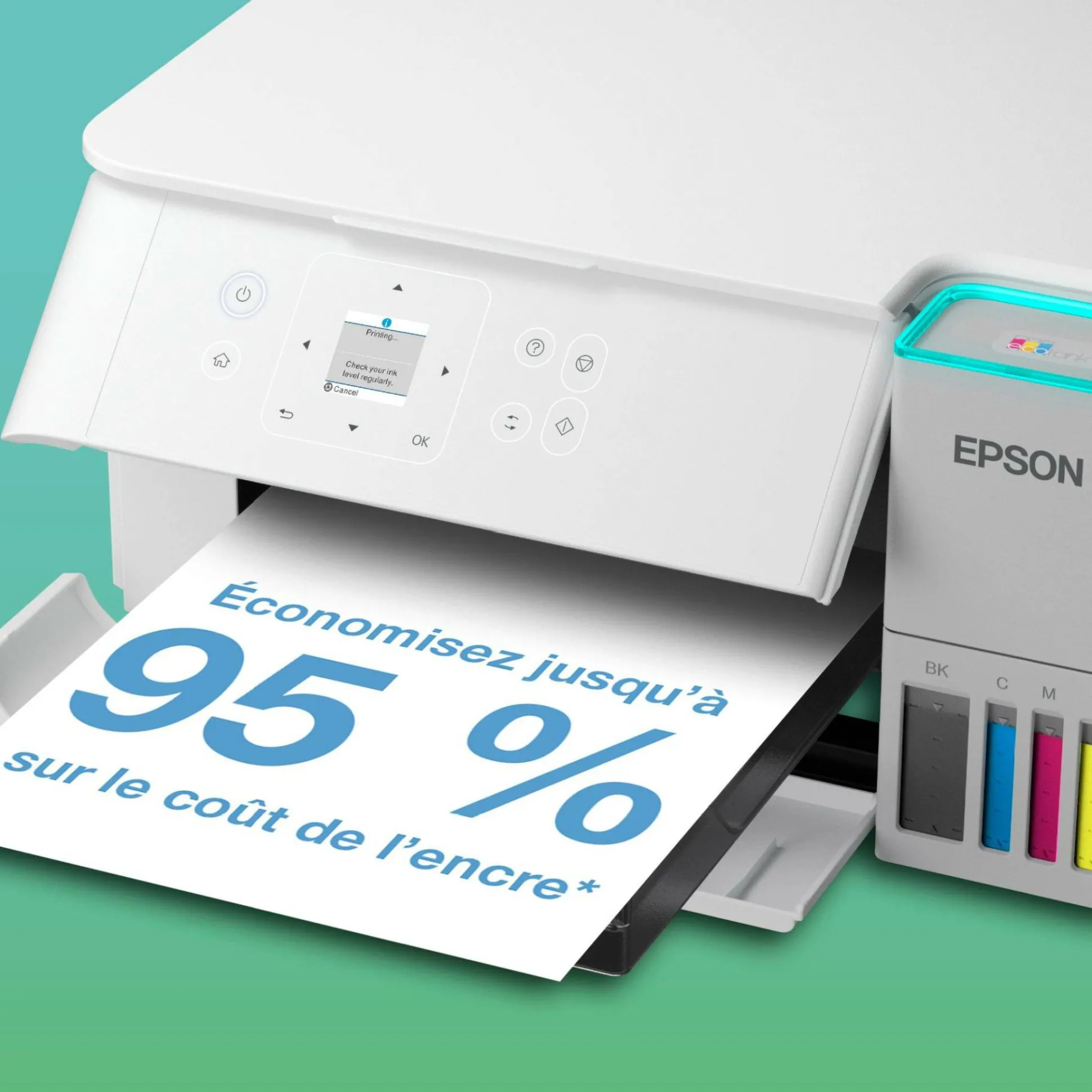 Solution d’impression A4 blanche EcoTank ET-2956 équipée d’une connexion Wi-Fi et de réservoirs d’encre, avec jusqu’à 3 ans d’encre inclus