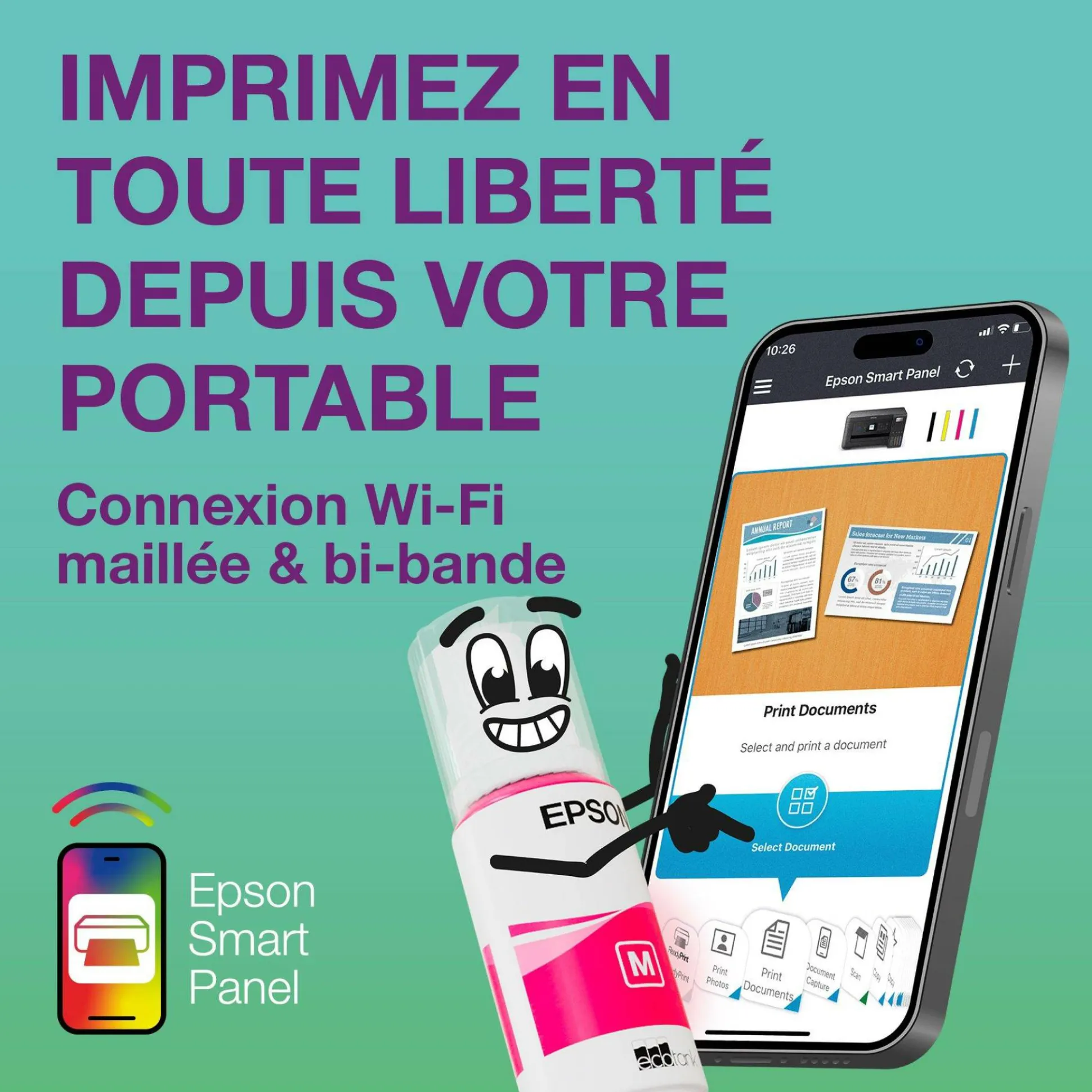 Solution d’impression A4 blanche EcoTank ET-3956 équipée d’une connexion Wi-Fi et de réservoirs d’encre, avec jusqu’à 3 ans d’encre inclus