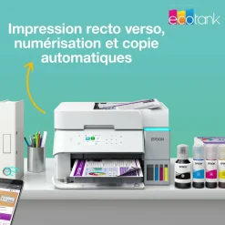 Solution d’impression A4 blanche EcoTank ET-3956 équipée d’une connexion Wi-Fi et de réservoirs d’encre, avec jusqu’à 3 ans d’encre inclus
