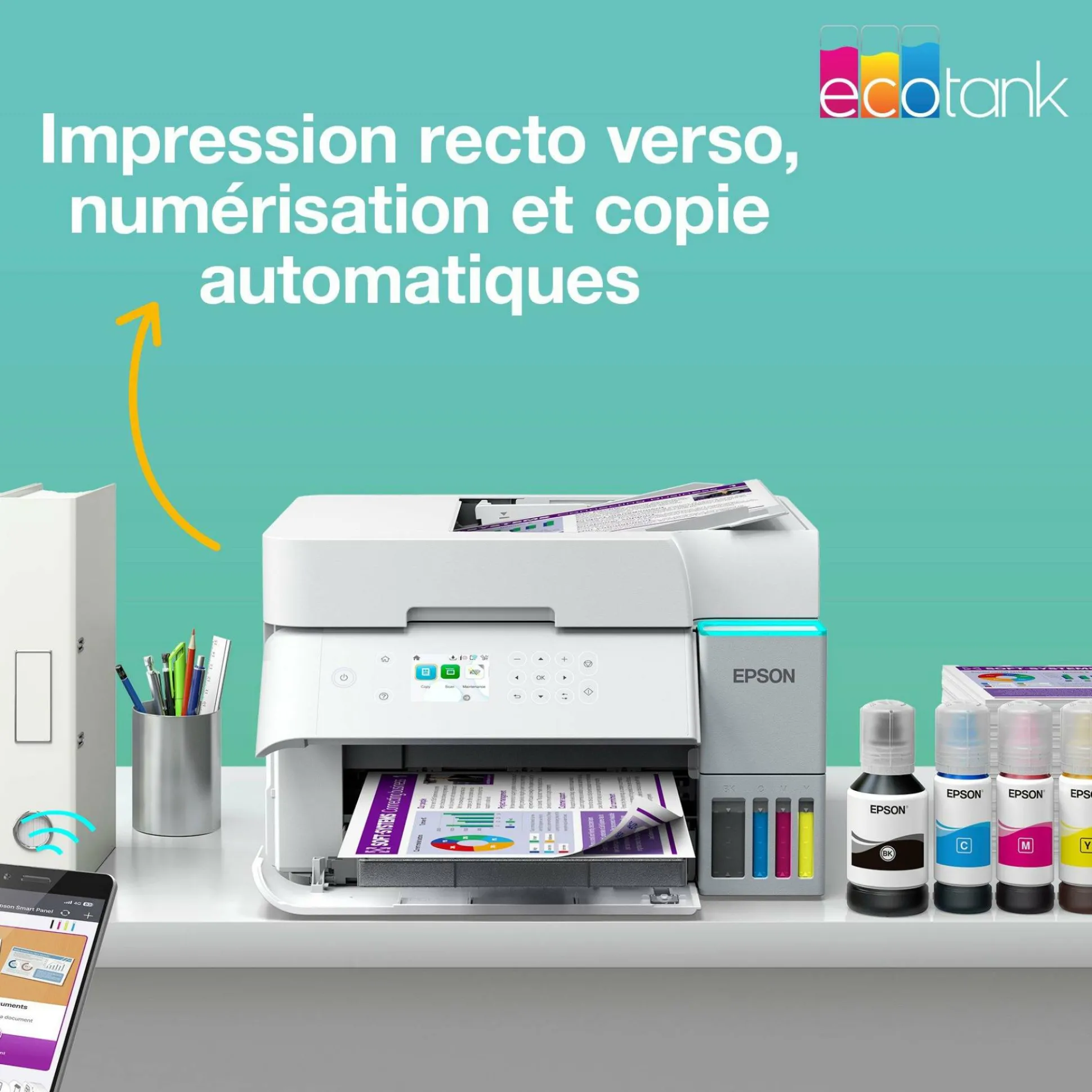 Solution d’impression A4 blanche EcoTank ET-3956 équipée d’une connexion Wi-Fi et de réservoirs d’encre, avec jusqu’à 3 ans d’encre inclus