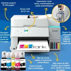 Solution d’impression A4 blanche EcoTank ET-3956 équipée d’une connexion Wi-Fi et de réservoirs d’encre, avec jusqu’à 3 ans d’encre inclus