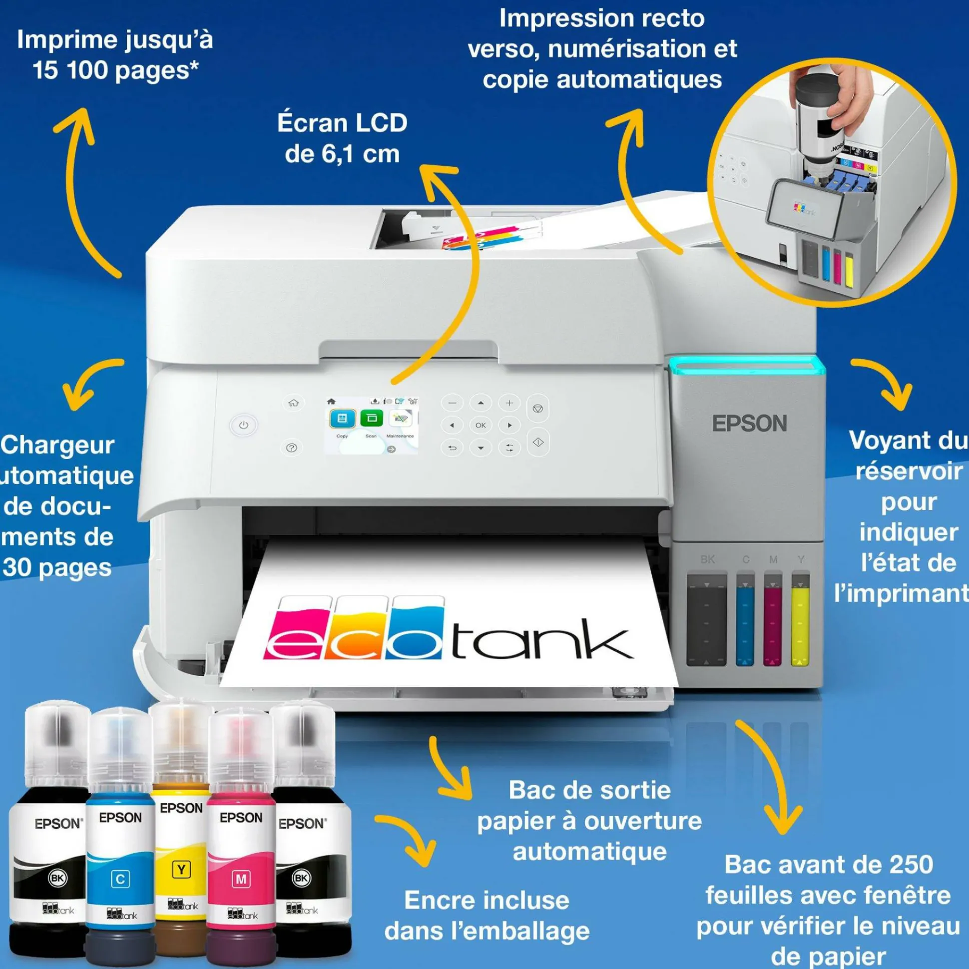 Solution d’impression A4 blanche EcoTank ET-3956 équipée d’une connexion Wi-Fi et de réservoirs d’encre, avec jusqu’à 3 ans d’encre inclus