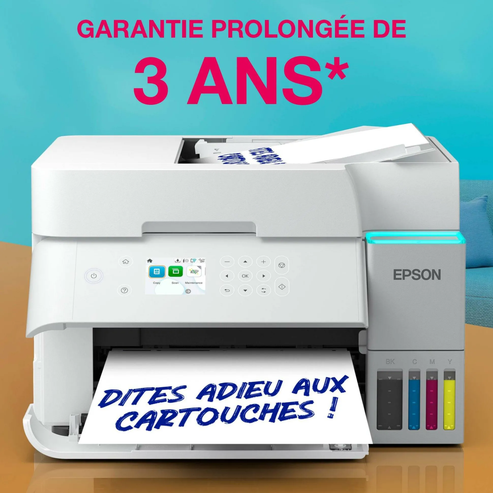 Solution d’impression A4 blanche EcoTank ET-3956 équipée d’une connexion Wi-Fi et de réservoirs d’encre, avec jusqu’à 3 ans d’encre inclus