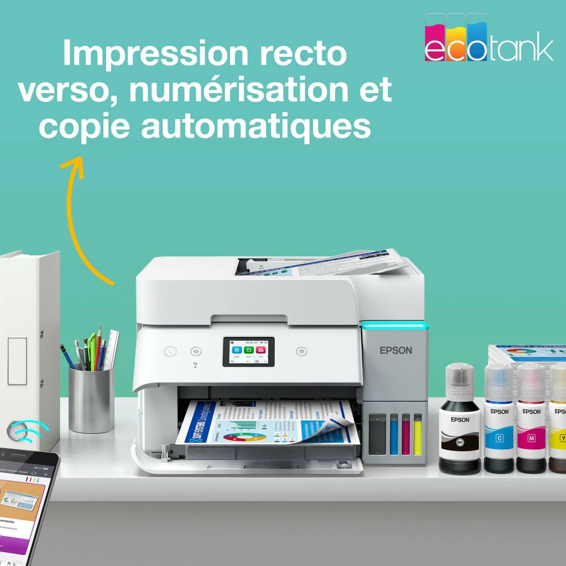 Solution d’impression A4 blanche EcoTank ET-4956 équipée d’une connexion Wi-Fi et de réservoirs d’encre, avec jusqu’à 3 ans d’encre inclus