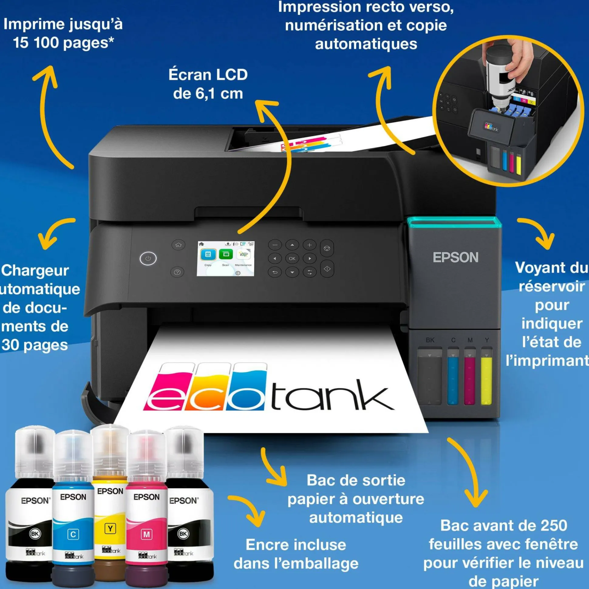 Solution d’impression A4 Wi-Fi EcoTank ET-3950 équipée de réservoirs d’encre, avec jusqu’à 3 ans d’encre inclus