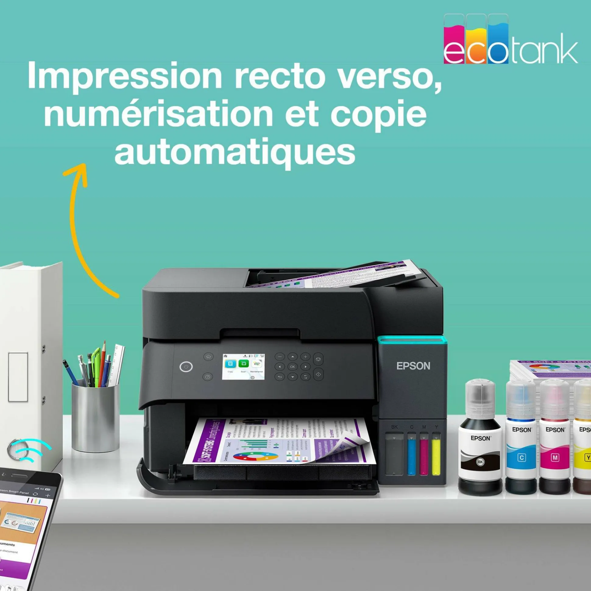 Solution d’impression A4 Wi-Fi EcoTank ET-3950 équipée de réservoirs d’encre, avec jusqu’à 3 ans d’encre inclus