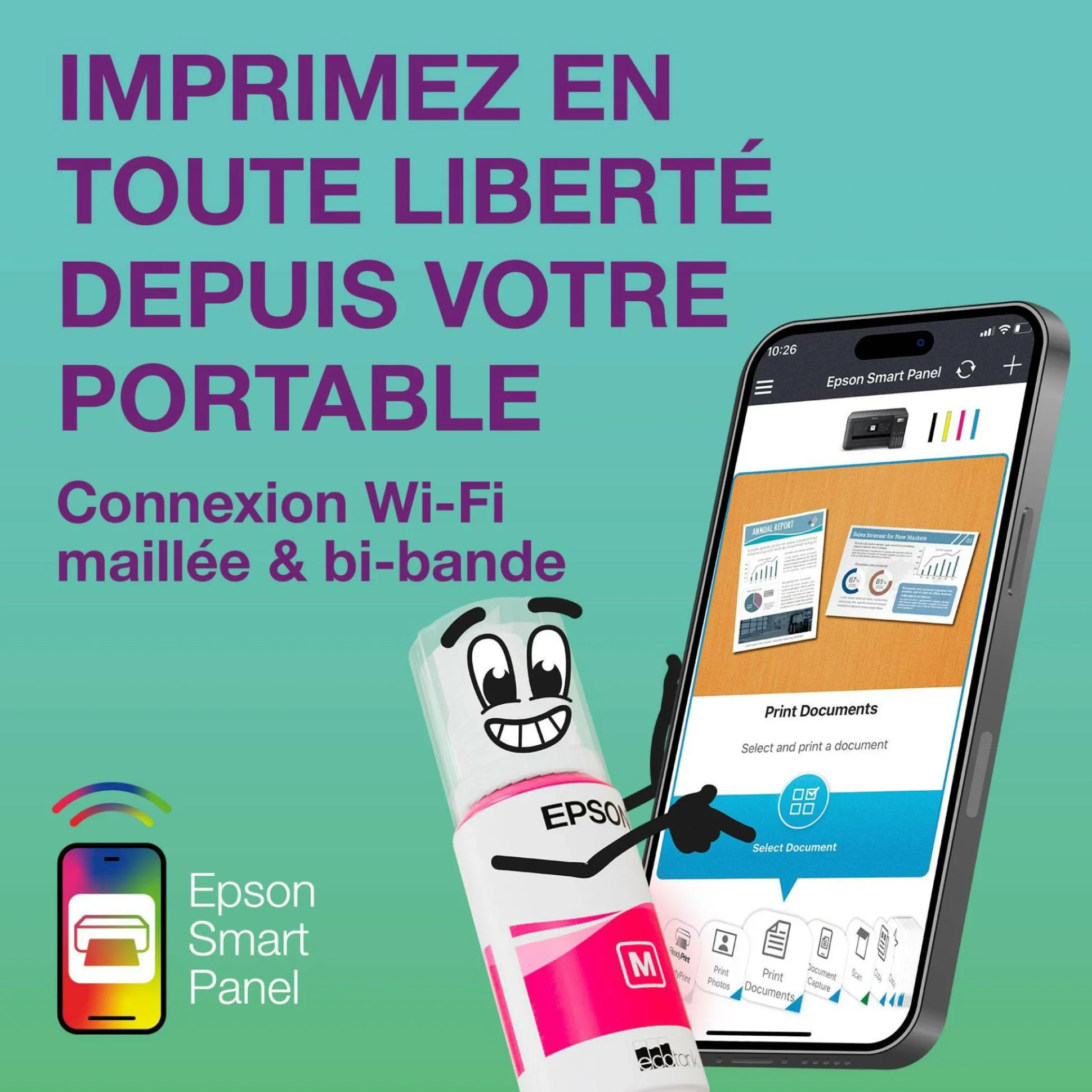 Solution d’impression A4 Wi-Fi EcoTank ET-3950 équipée de réservoirs d’encre, avec jusqu’à 3 ans d’encre inclus