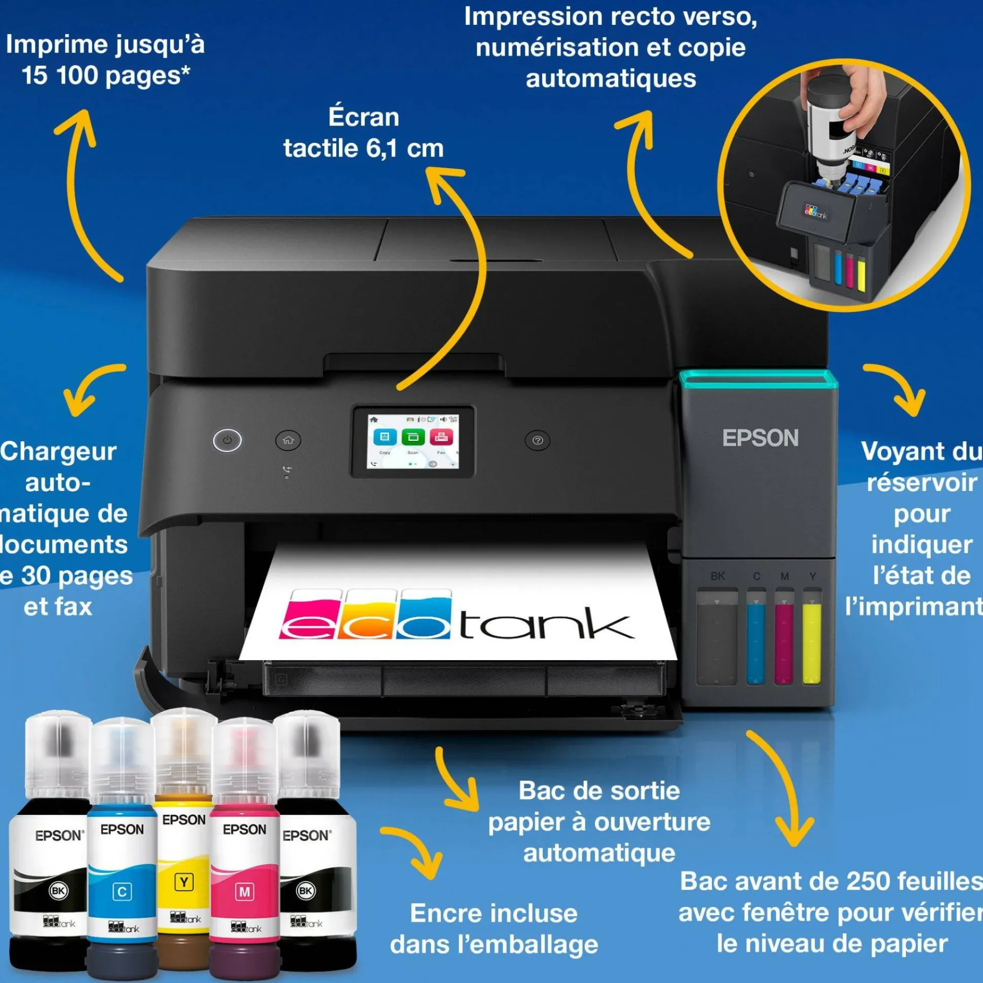 Solution d’impression A4 Wi-Fi EcoTank ET-4955 équipée de réservoirs d’encre, avec jusqu’à 3 ans d’encre inclus