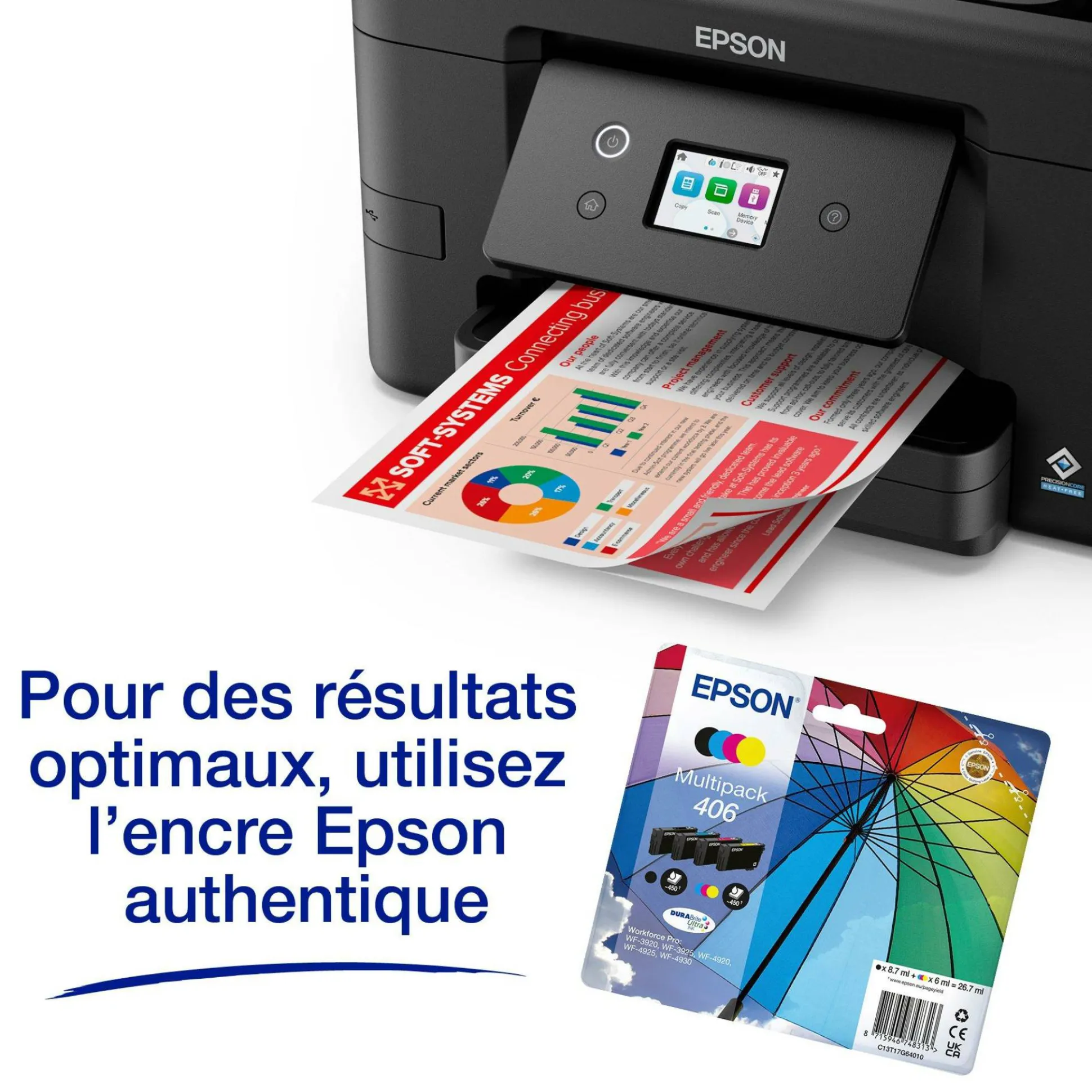 Solution d’impression Jet d’Encre A4 sans fil WorkForce Pro WF-3920 et 6 mois d’approvisionnement en encre offerts avec l’abonnement à ReadyPrint*