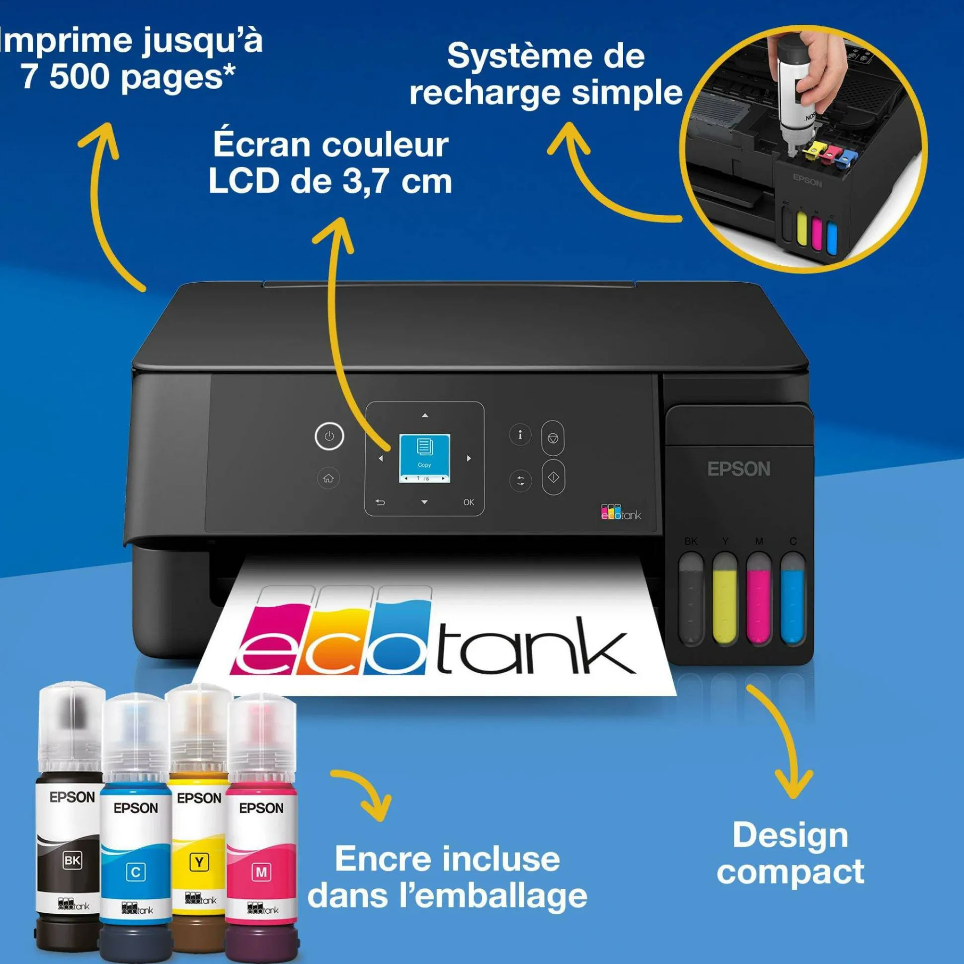 Solution d’impression multifonction A4 Wi-Fi et AirPrint EcoTank ET-2921 équipée de réservoirs d’encre, écran LCD et jusqu’à 3 ans d’encre inclus
