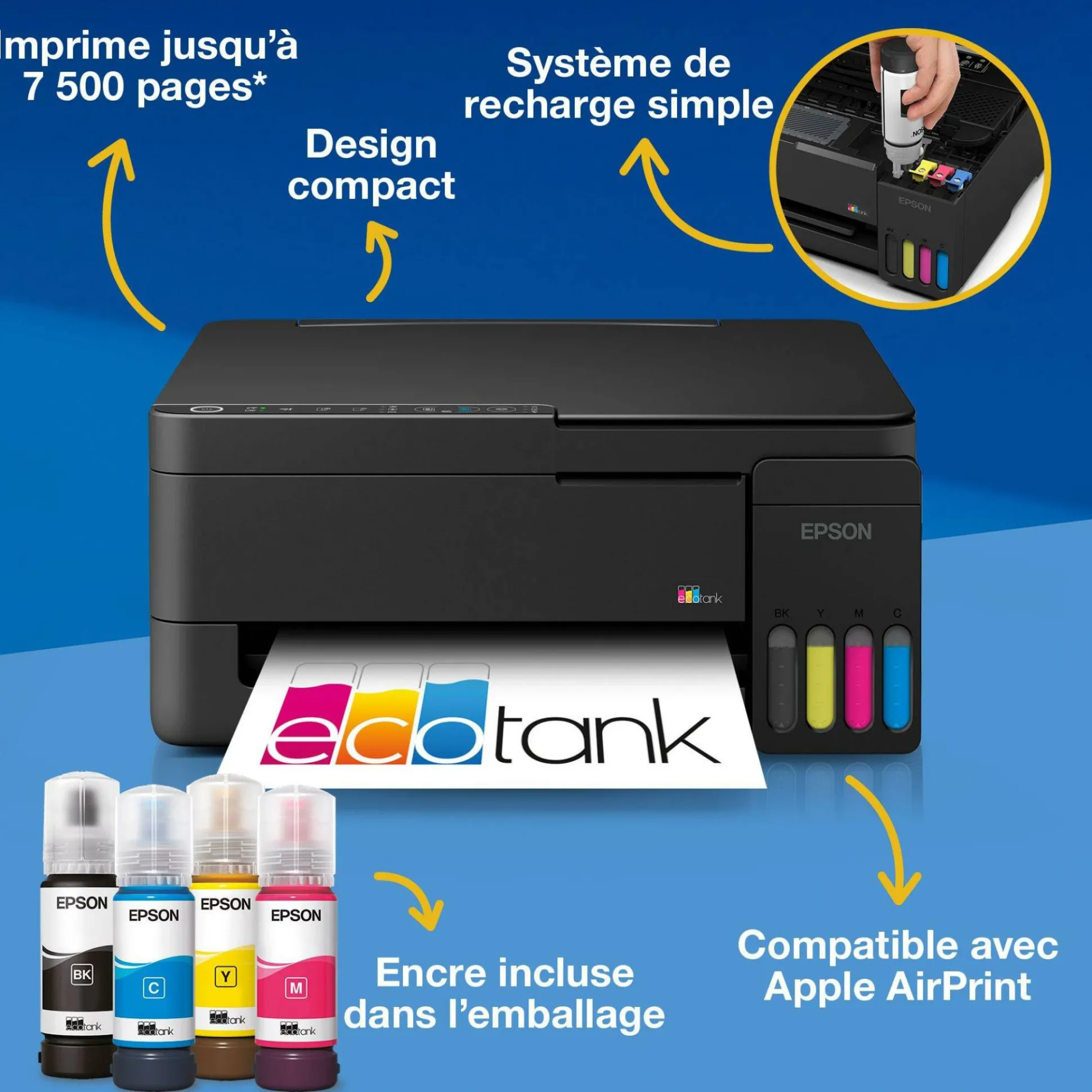 Solution d’impression multifonction A4 Wi-Fi et AirPrint EcoTank ET-2912 équipée de réservoirs d’encre, avec jusqu’à 3 ans d’encre inclus