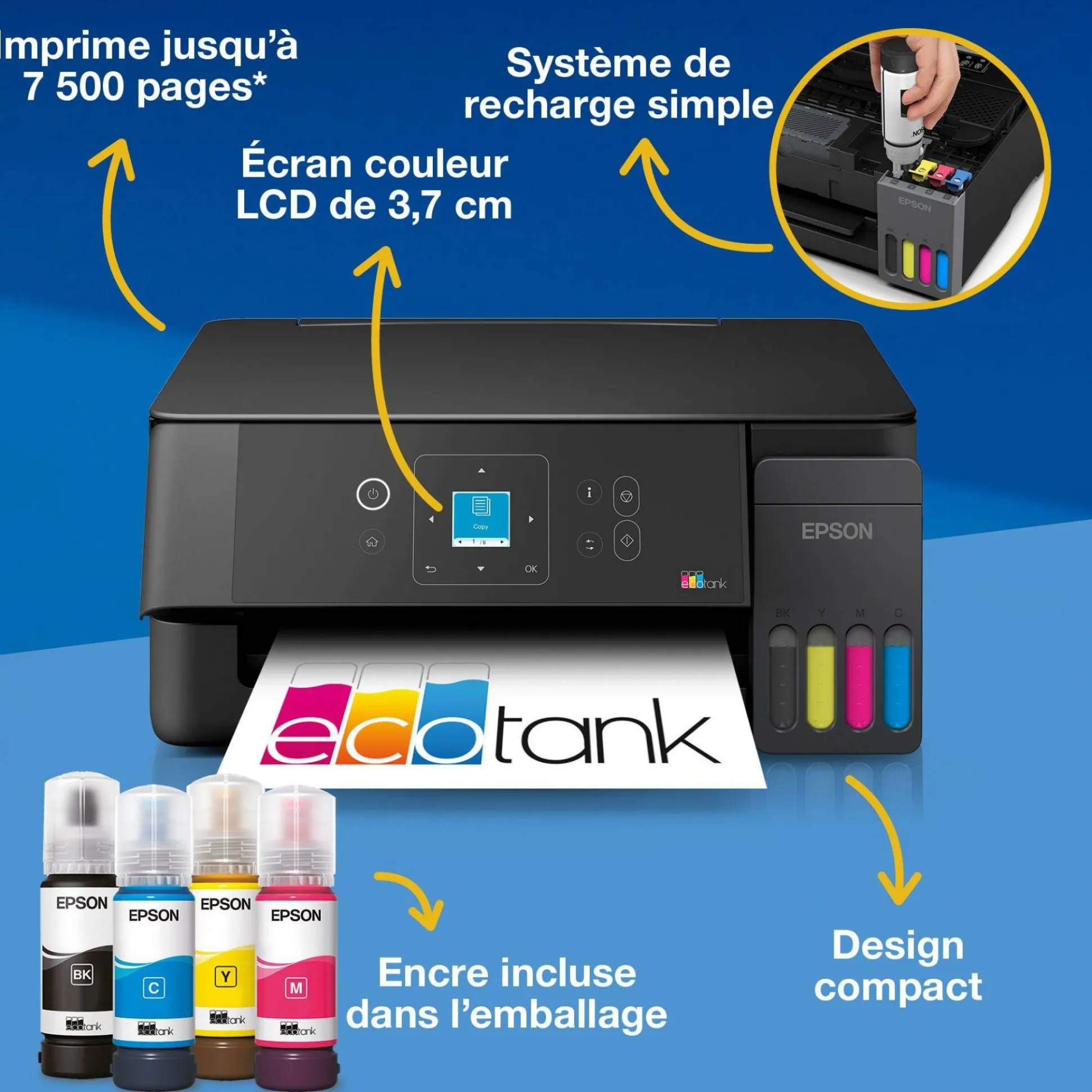 Solution d’impression multifonction A4 Wi-Fi et AirPrint EcoTank L3360 équipée de réservoirs d’encre, écran LCD et jusqu’à 3 ans d’encre inclus