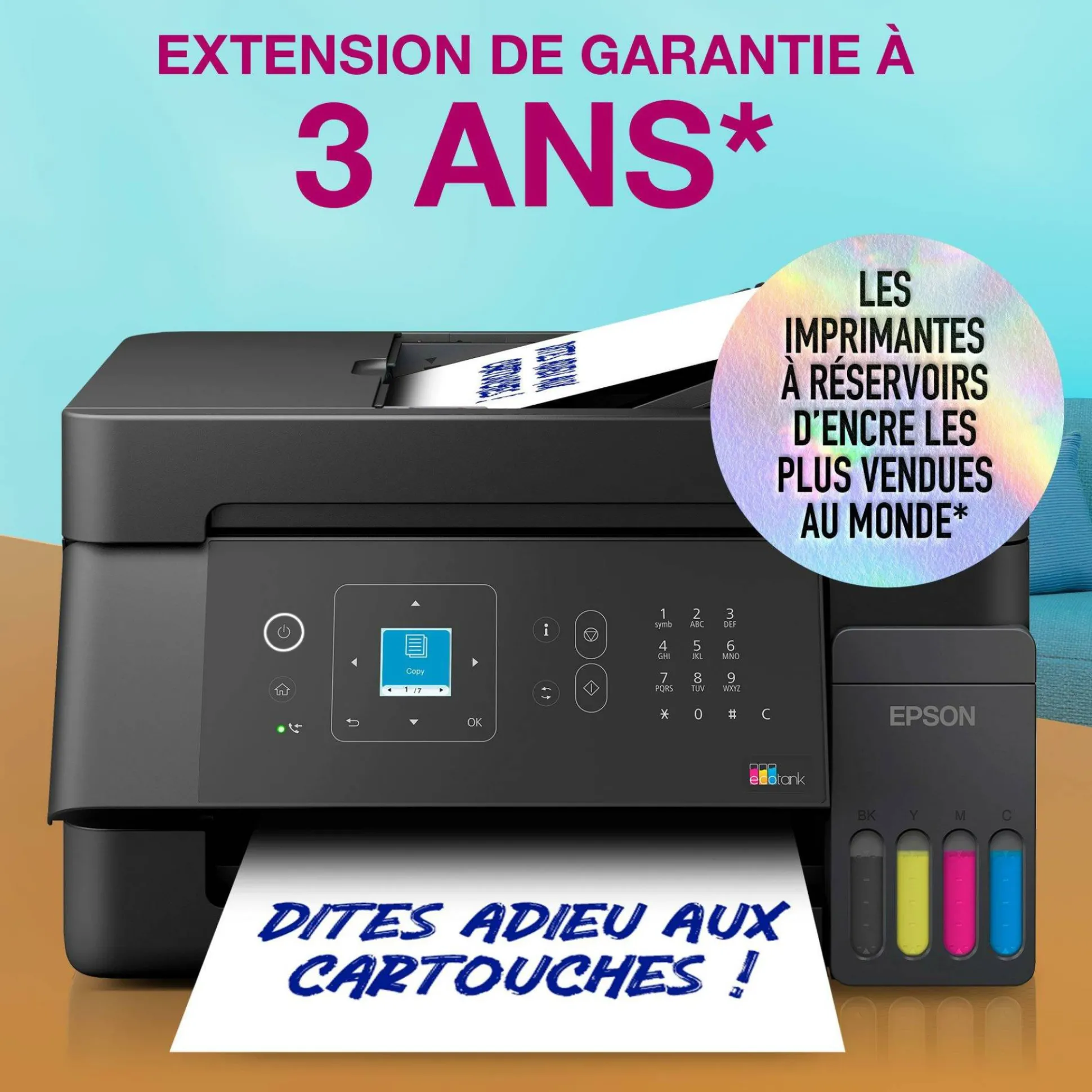 Solution d’impression multifonction A4 Wi-Fi et AirPrint EcoTank ET-4905 équipée de réservoirs d’encre, d’un écran LCD et d’un chargeur automatique de documents, avec jusqu’à 3 ans d’encre inclus
