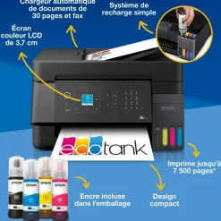 Solution d’impression multifonction A4 Wi-Fi et AirPrint EcoTank ET-4905 équipée de réservoirs d’encre, d’un écran LCD et d’un chargeur automatique de documents, avec jusqu’à 3 ans d’encre inclus