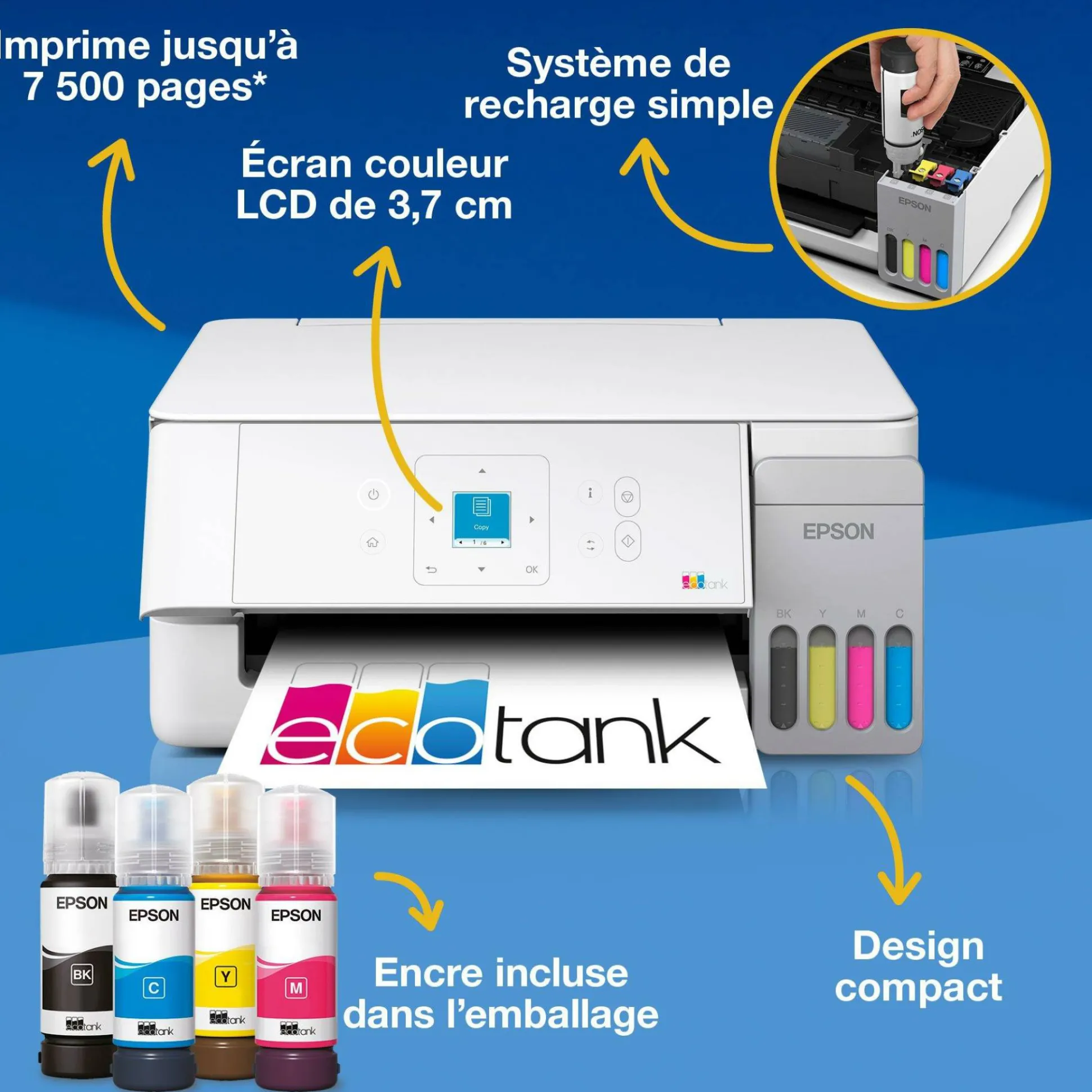 Solution d’impression multifonction A4 Wi-Fi et AirPrint EcoTank ET-2926 équipée de réservoirs d’encre, écran LCD et jusqu’à 3 ans d’encre inclus