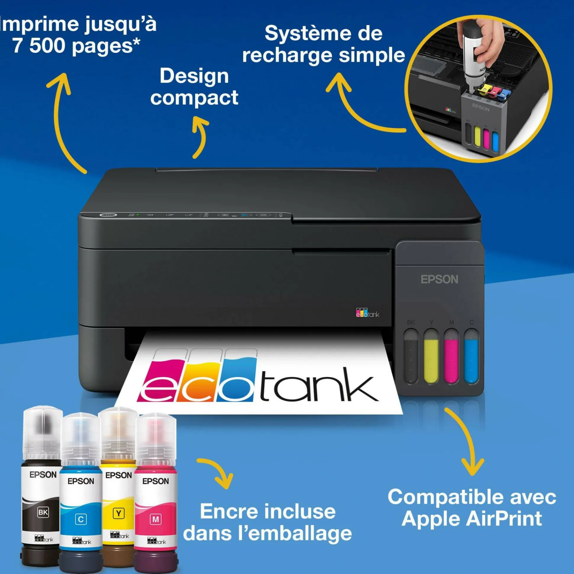 Solution d’impression multifonction A4 Wi-Fi et AirPrint EcoTank ET-2916 équipée de réservoirs d’encre, avec jusqu’à 3 ans d’encre inclus